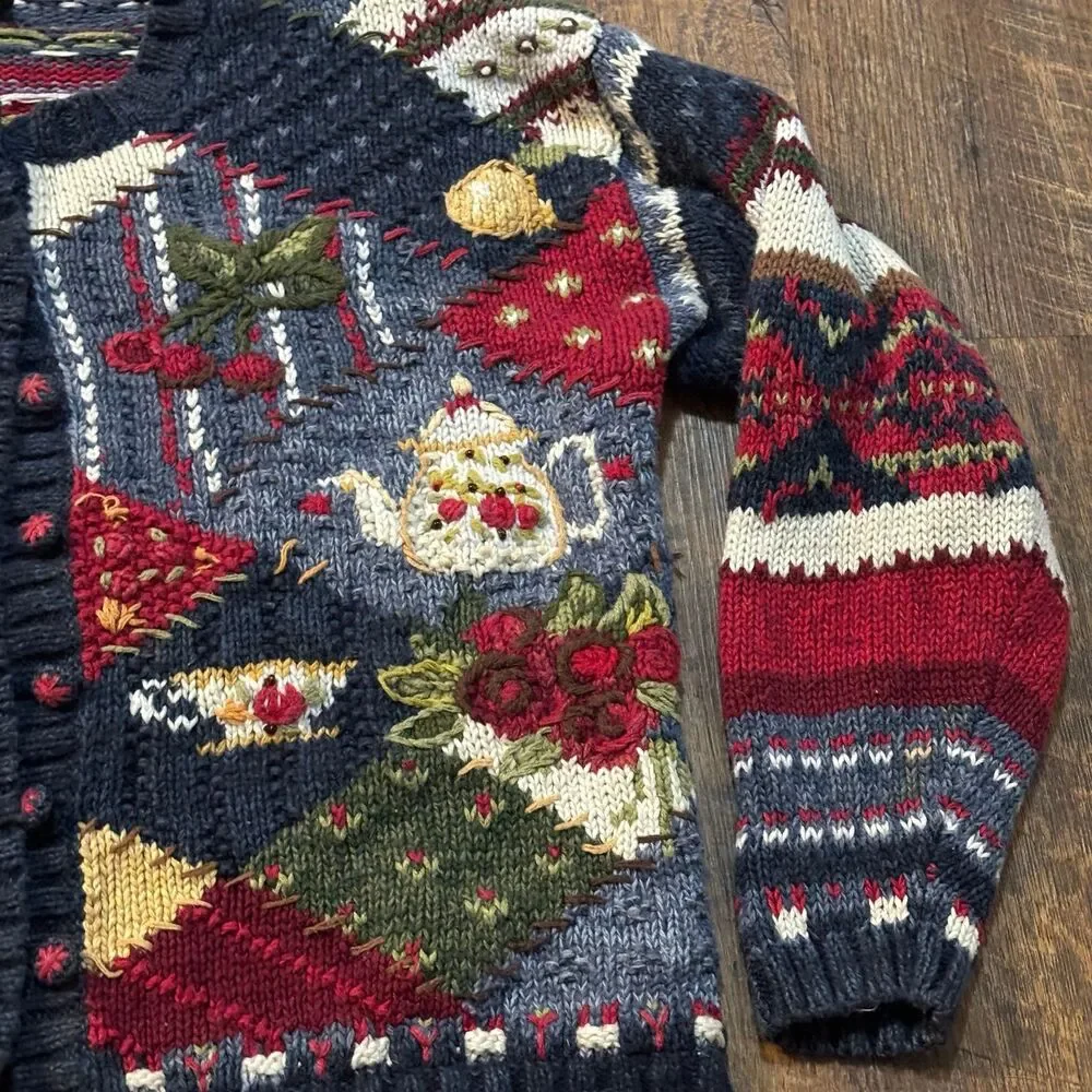 Vintage 2001 Heirloom Collectibles Knit Cardigan Sweater / Cute Art 3D / Y2K Kni - Picture 3 of 8